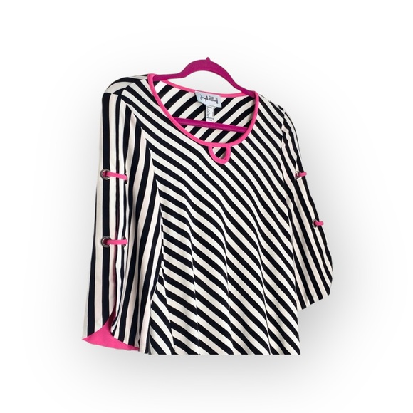 Joseph Ribkoff ✈︎ Nautical Inspired Striped Top Blouse ✈︎ Neon Pink Detail ✈︎ 6 - Picture 6 of 17
